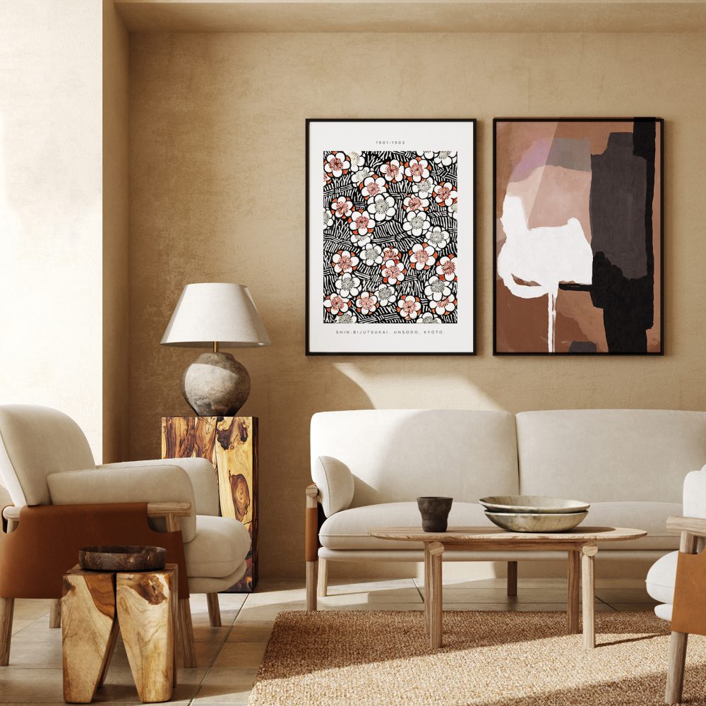 Erdtöne im Wohnzimmer und gerahmte Poster 'Shin Bijutsukai 1901' de Japanese Vintage Art y 'Abstract Calm' de Dan Hobday