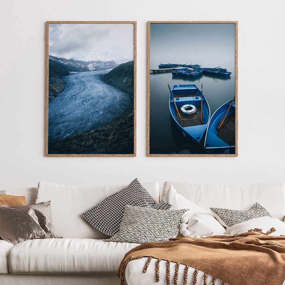 'Der Rhonegletscher' und 'Blaue Boote im Nebel' von Niels Oberson