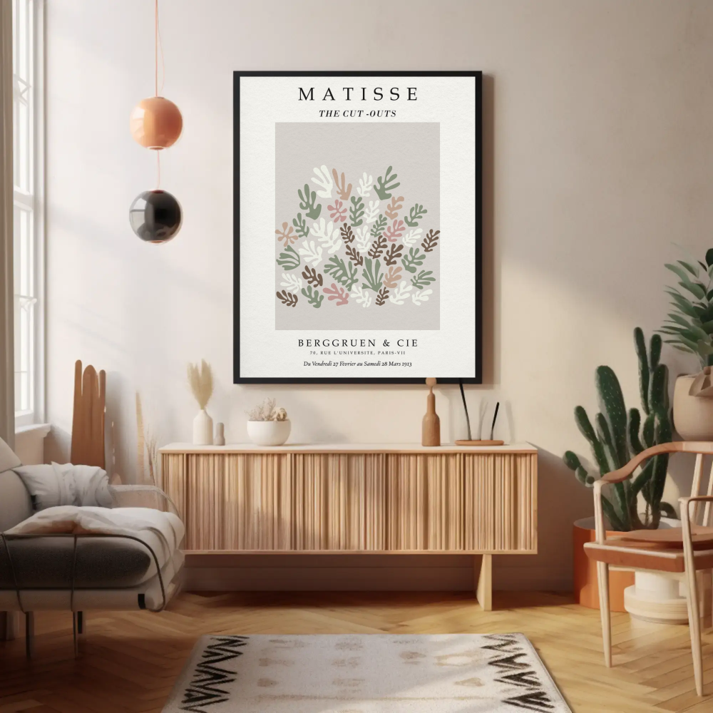 Matisse-inspiriertes Wandbild mit Blattmotiven über einem Holzsideboard – modern, warm, einladend