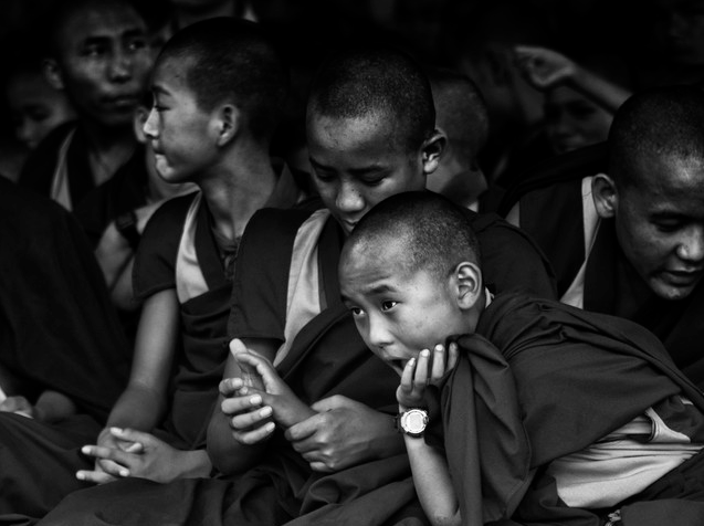 buddhist monks contemplating by Jagdev Singh