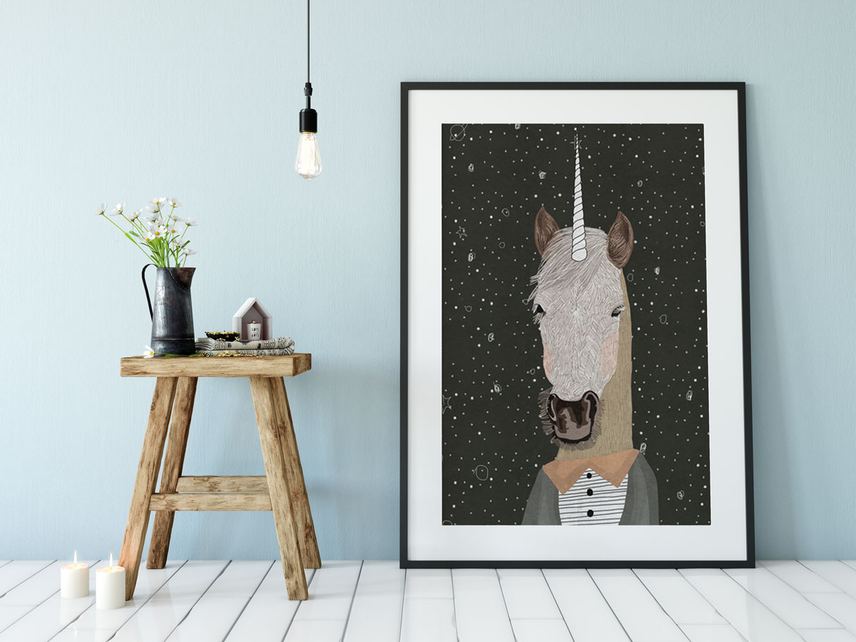 Unicorn-themed art print for your bedroom by Amalia Restrepo